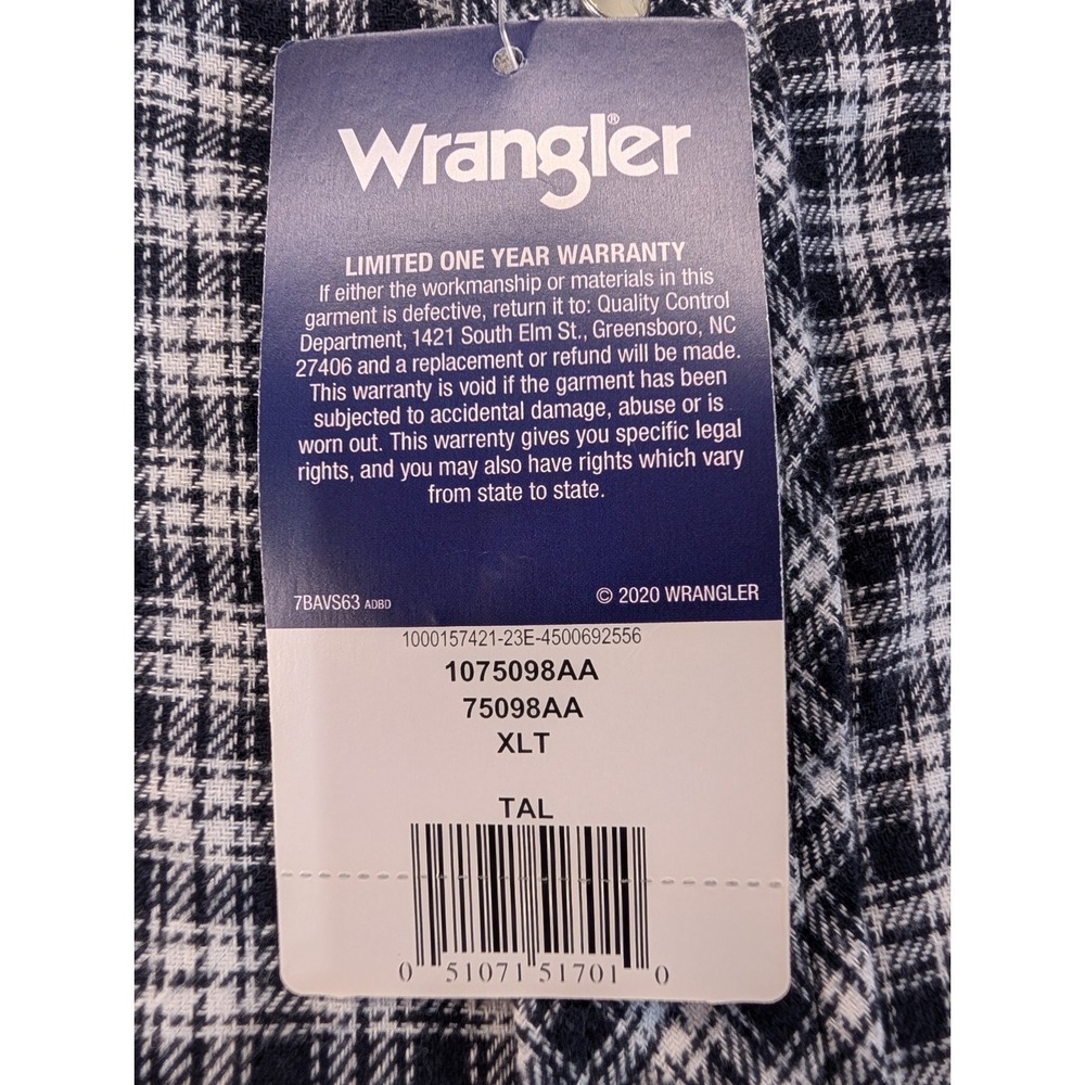 Wrangler Western Shirt Men XLT Black White Plaid Flannel Pearl Snap NWT - Picture 4 of 11